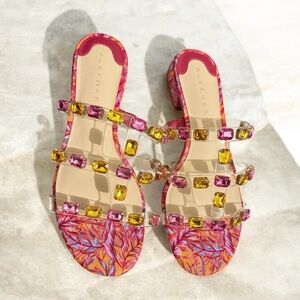 Alex Marie Women's pink Sandals with rectangular gemstones in brilliant 
Size 8